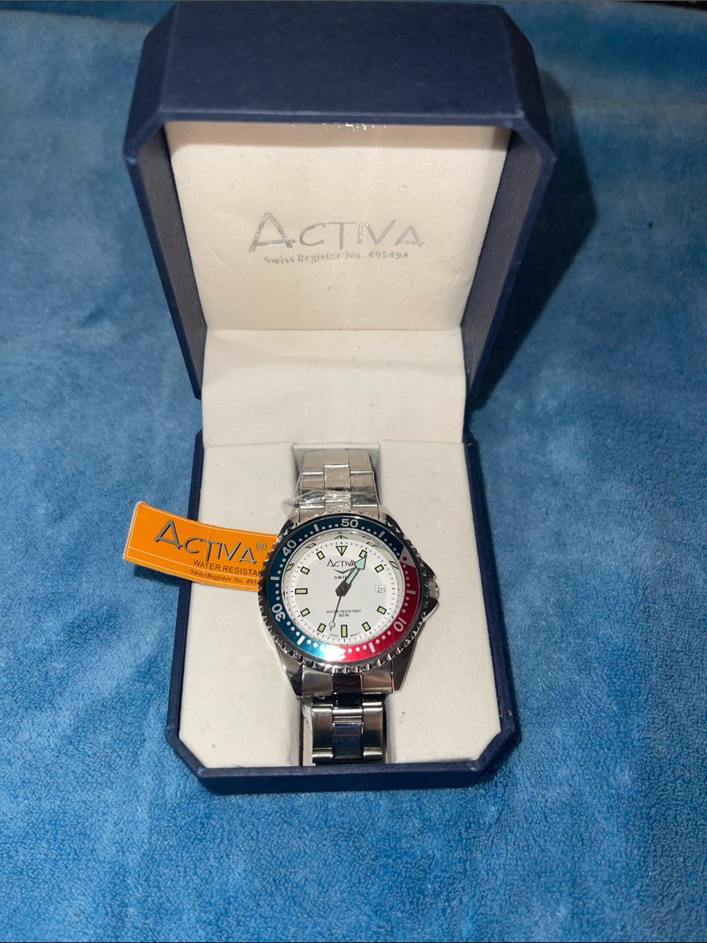 Activa Men’s Stainless Steel Watch with Red & Blue Bezel
